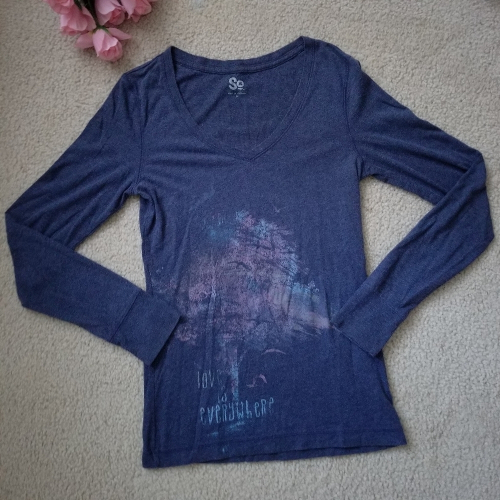 Dark Blue Long Sleeve Vneck Shirt With Faded Tree Design